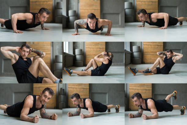 istock Collage of young man practicing yoga in gym 969550512