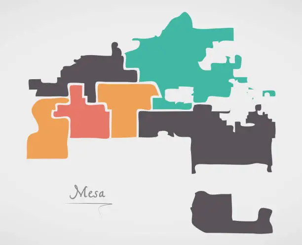 Vector illustration of Mesa Arizona Map with neighborhoods and modern round shapes