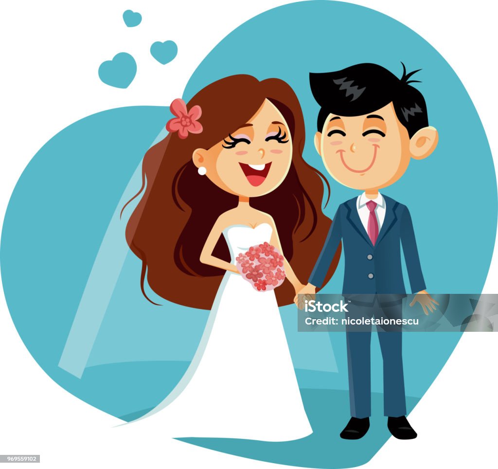 Happy Wedding Couple Vector Invitation Stock Illustration - Download Image  Now - Bride, Groom - Human Role, Cartoon - iStock