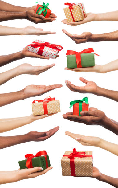 Black and white male and female hands with present box. Set, isolated on white. Set of white and african-american male and female hands holding present boxes for christmas, new year or birthday. Isolated at white background hand holding gift stock pictures, royalty-free photos & images