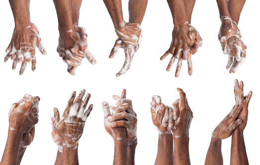Collage of black man washing hands with soap isolated on white background. Hygiene, cleanliness concept