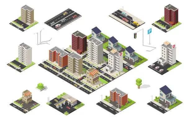 Vector illustration of Isometric set of city cityscape vector low poly elements