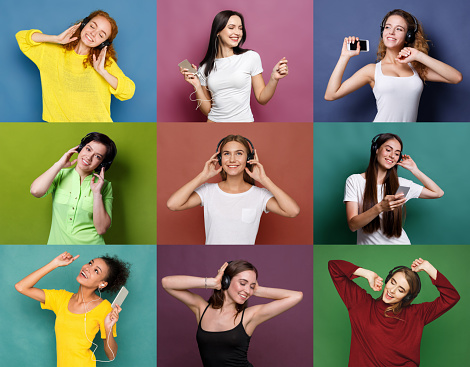 Collage of happy women listening to music in headphones at colorful studio backgrounds