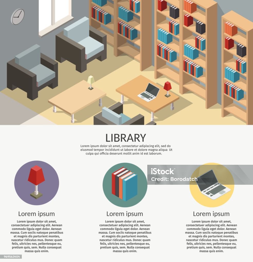 Isometric Colorful Library Vector Set Illustration Interior Background ...