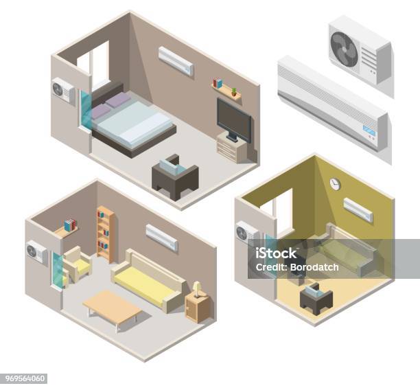 Isometric Air Conditioning System Climate Control Living Room Interiors Vector 3d Set Stock Illustration - Download Image Now