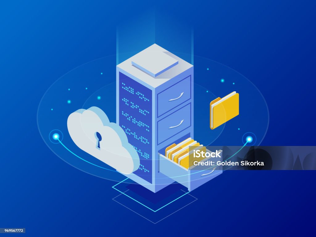 Isométrique cloud computing concept représenté par un serveur, avec un concept de hologramme de représentation de nuage. Connexion à l’ordinateur, nuage, base de données, serveur d’hébergement du centre de données synchroniser technologie - clipart vectoriel de Donnée libre de droits