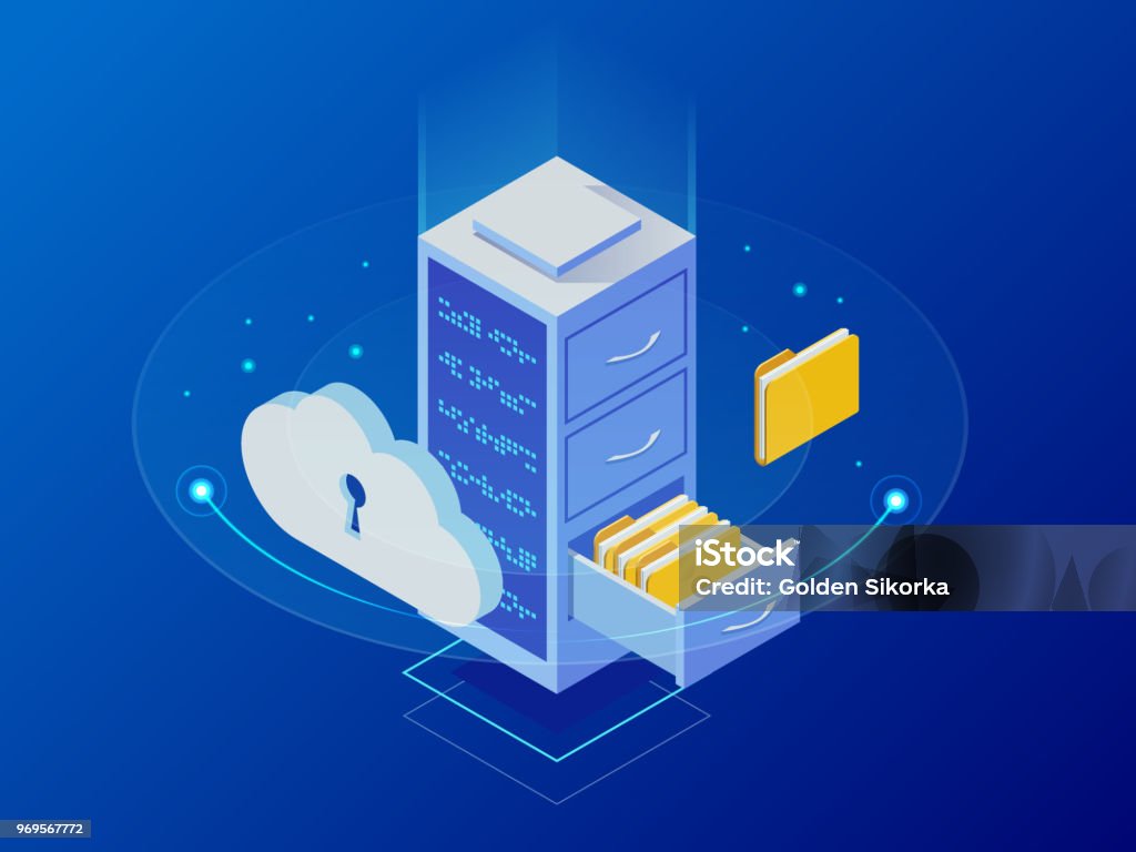 Isometric cloud computing concept represented by a server, with a cloud representation hologram concept. Data center cloud, computer connection, hosting server, database synchronize technology Isometric cloud computing concept represented by a server, with a cloud representation hologram concept. Data center cloud, computer connection, hosting server, database synchronize technology. Cloud Computing stock vector