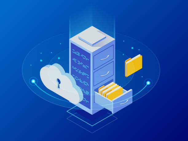 Isometric cloud computing concept represented by a server, with a cloud representation hologram concept. Data center cloud, computer connection, hosting server, database synchronize technology Isometric cloud computing concept represented by a server, with a cloud representation hologram concept. Data center cloud, computer connection, hosting server, database synchronize technology. synchronize stock illustrations