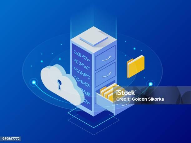 Isometric Cloud Computing Concept Represented By A Server With A Cloud Representation Hologram Concept Data Center Cloud Computer Connection Hosting Server Database Synchronize Technology Stock Illustration - Download Image Now