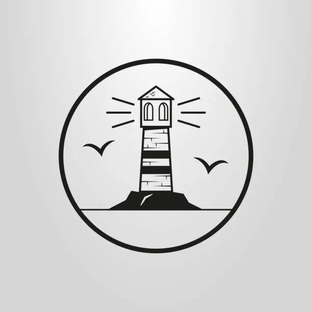 Vector illustration of simple vector  lighthouse icon in a round frame and silhouettes of seagulls