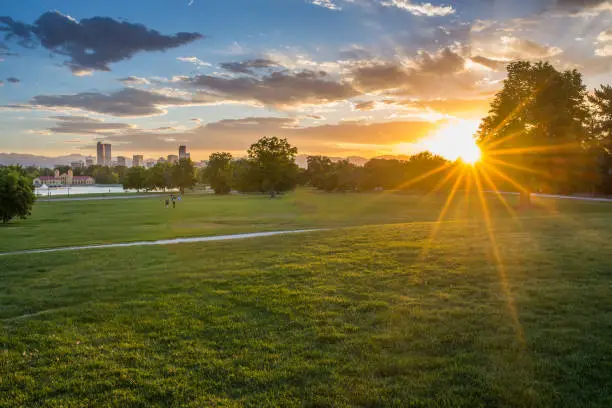 Photo of Denver Skyline and Mountains Beyond Lake