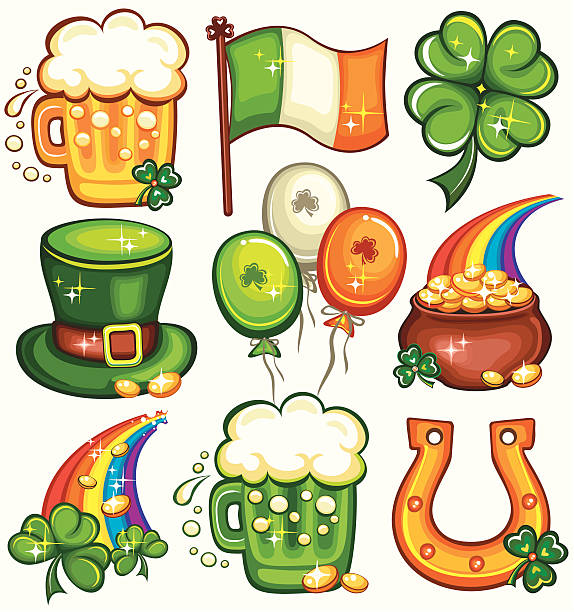 святого патрика день значок набор - luck st patricks day horseshoe rainbow stock illustrations