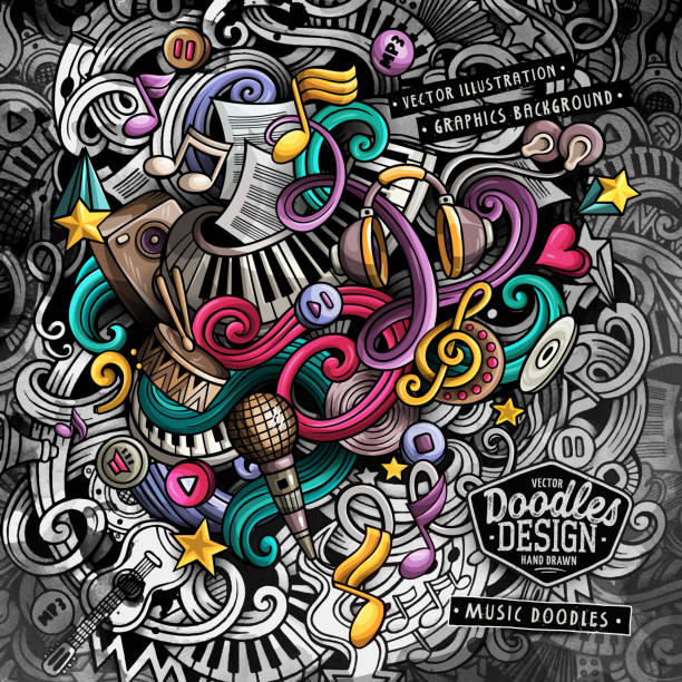 illustrazioni stock, clip art, cartoni animati e icone di tendenza di illustrazione vettoriale di doodles music - guitar illustration and painting abstract pattern