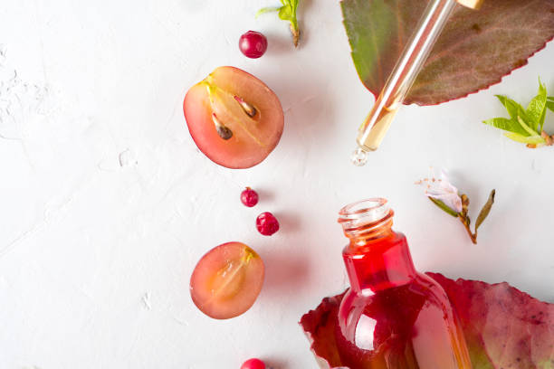istock Organic bio cosmetics with herbal ingredients Extract, grape seed oils, serum. Copy Space, flat lay, view from above. 969587136