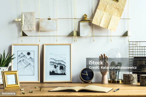 Home Office Interior With Posters Stock Photo - Download Image Now - Gold - Metal, Gold Colored, Office