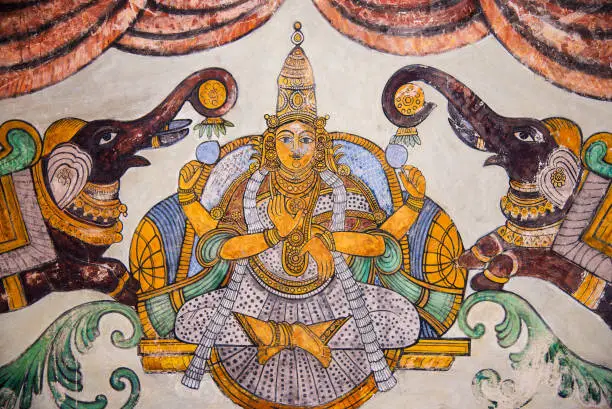 Nayaka painting of Gajalakshmi on the inside wall of the cloister mandappa. Brihadishvara Temple, Thanjavur, Tamil Nadu, India