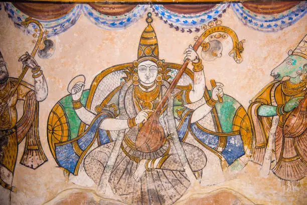 Nayaka painting of Saraswati on the inside wall of the northern cloister mandappa. Brihadishvara Temple, Thanjavur, Tamil Nadu, India
