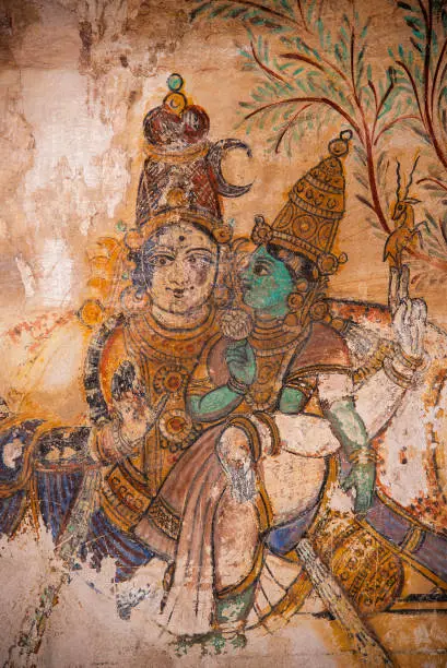 Nayaka painting on the inside wall of the cloister mandappa. Brihadishvara Temple, Thanjavur, Tamil Nadu, India