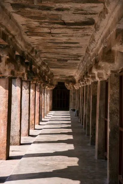 Carved pillars Brihadishvara Temple, UNESCO World Heritage Site known as the Great Living Chola Temples, Thanjavur, Tamil Nadu. Referred as Rajesvara Peruvudaiyar or Brihadeeswarar Temple
