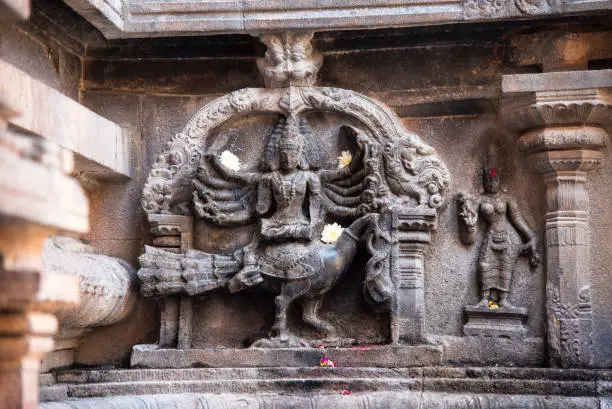 Sculpture of Kartikeya, Brihadishvara Temple, Thanjavur, Tamil Nadu, India. Kartikeya or Murugan is the philosopher-warrior god of Hinduism