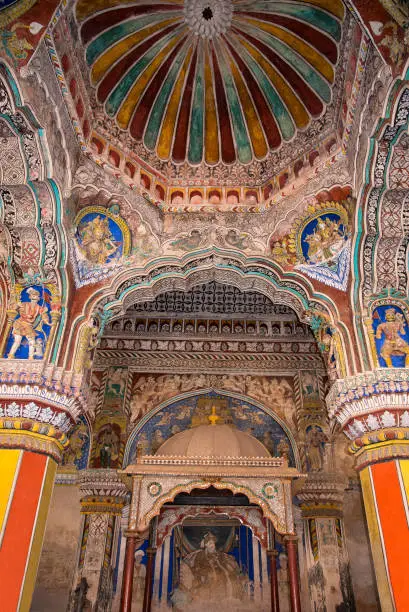 Colorful paintings on ceiling wall of Darbar Hall of the Thanjavur Maratha palace, Thanjavur, Tamil Nadu. Known as residence of the Bhonsle family which ruled the Tanjore region from 1674 to 1855