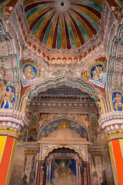 colorful paintings on ceiling wall of darbar hall of the thanjavur maratha palace, thanjavur, tamil nadu, india - maratha imagens e fotografias de stock