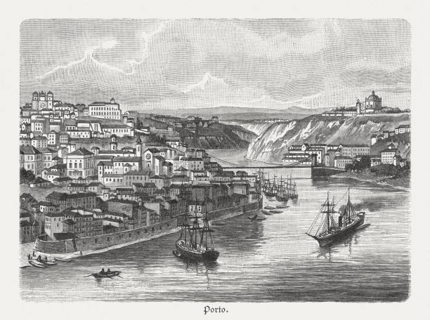 ilustrações de stock, clip art, desenhos animados e ícones de porto with the douro estuary, wood engraving, published in 1897 - douro