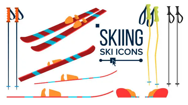 Vector illustration of Skiing Icons Vector. Different View. Winter Sport Equipment. Equipment. Mountain Vacation, Activity, Travel. Isolated Flat Illustration