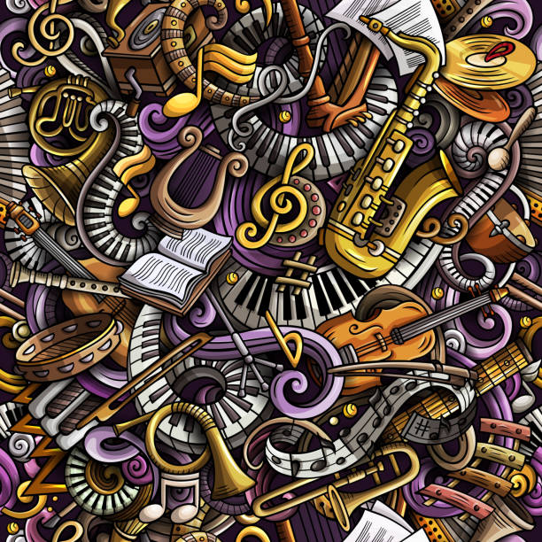 cartoon cute doodles muzyka klasyczna bez szwu wzór - blues harp stock illustrations