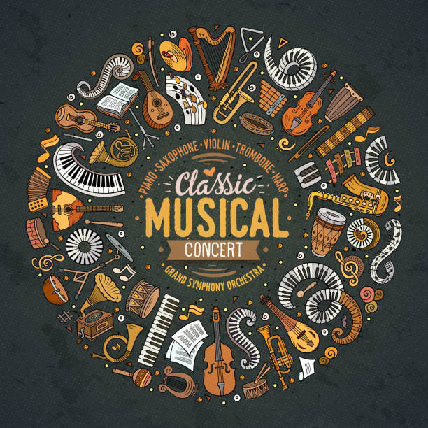 Set of vector cartoon doodle classic musical instruments and objects collected in a circle border Set of vector cartoon doodle classic musical instruments and objects collected in a circle border. Classical music card design guitar borders stock illustrations