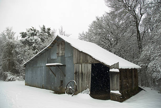 istock Old Rustic Snow Covered Barn and Wagon Wheel 96959858