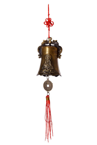 istock Chinese bell with buddha image, with red threads and coin for feng shui isolated on white background 969612152