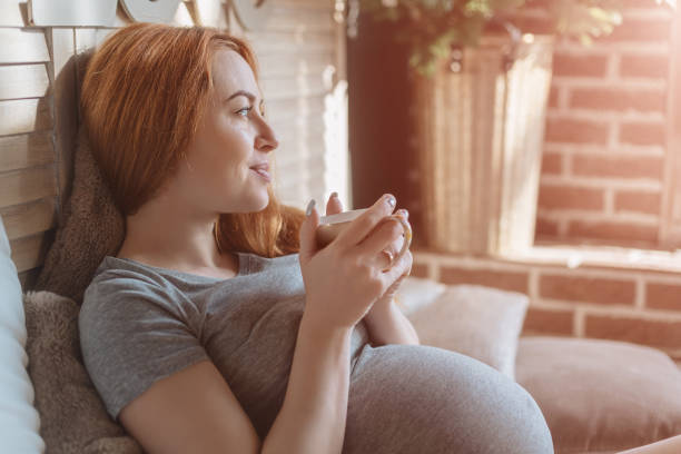 Happy pregnant woman with cup drinking tea at home stock photo