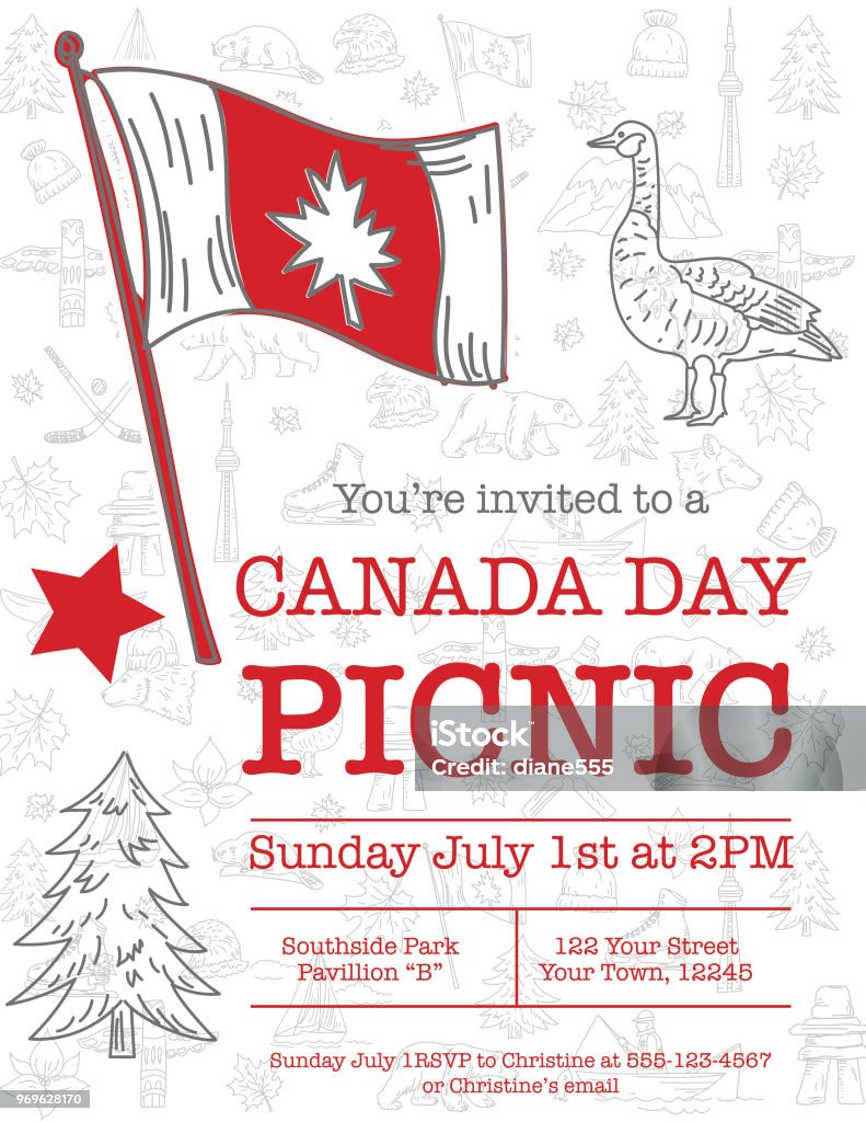 Canada Day Invitation Template With Doodled Elements Canada Day stock vector