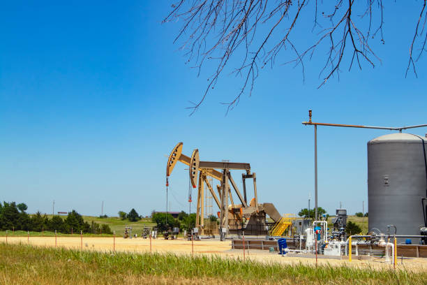 Two pump jacks at a pumping station with tanks and machinery with some farm buildings on the horizon under a blue sky with a few tree limbs hanging down Two pump jacks at a pumping station with tanks and machinery with some farm buildings on the horizon under a blue sky with a few tree limbs hanging down fossil photos stock pictures, royalty-free photos & images