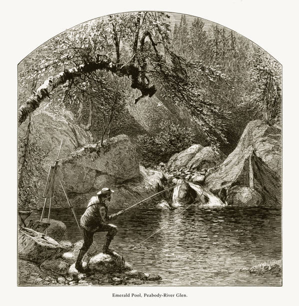 illustrazioni stock, clip art, cartoni animati e icone di tendenza di emerald pool, peabody river glen, white mountains, new hampshire, stati uniti, american victorian engraving, 1872 - illustration and painting landscape new england antique