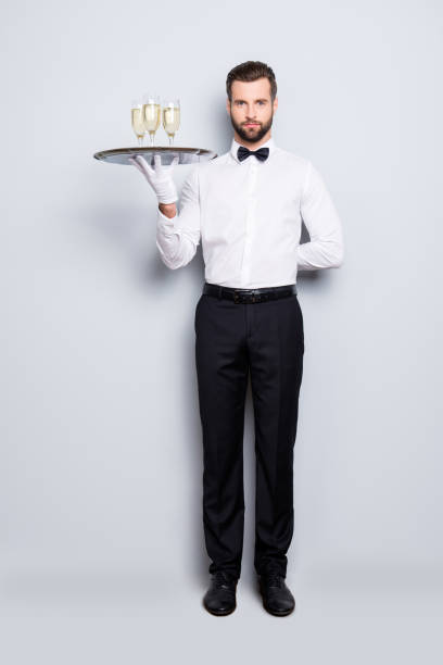 full size fullbody portrait of concentrated man in classic white shirt and black bowtie holding hand behind the back and tray with three glasses of sparkling wine, isolated on grey background - tray glove butler white imagens e fotografias de stock