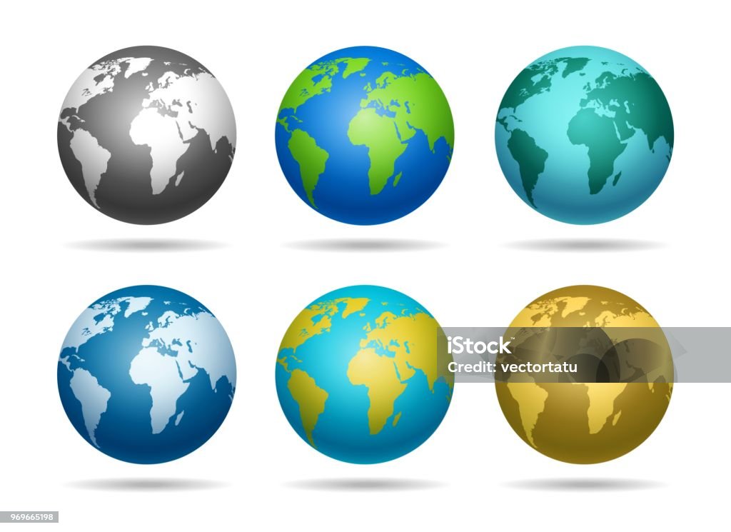 Globe earth icons set Globe earth. Blue and green europe detailed map world sphere vector illustration Globe - Navigational Equipment stock vector