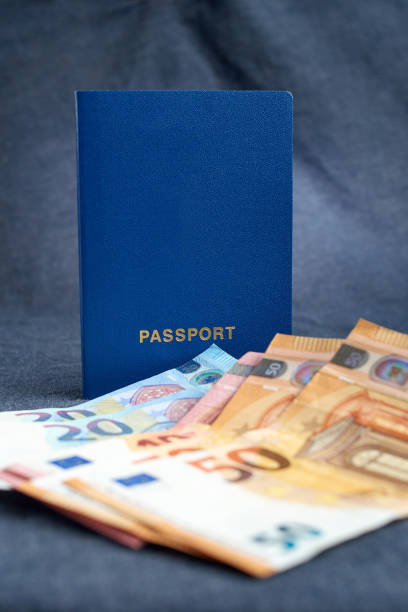 Blank of biometric passport with Euro notes on gray background Blank of biometric passport with Euro fifty, twenty, ten and five notes, on gray background blue us passport cover stock pictures, royalty-free photos & images