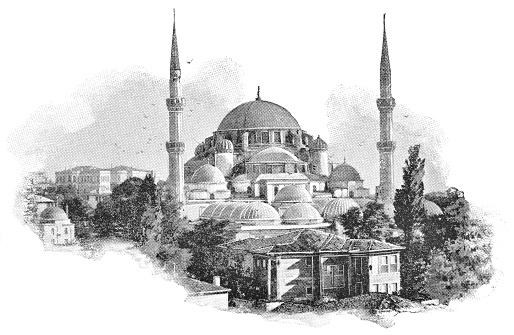 The Şehzade Mosque in Istanbul, Turkey. Vintage halftone etching circa late 19th century.