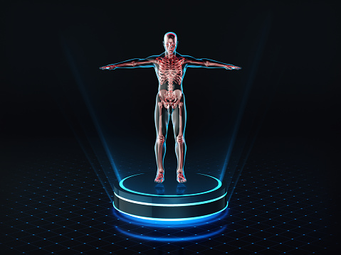 Hologram Man anatomy and skeleton on pedestal. ,3D rendering