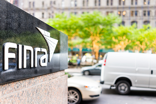 New York City, USA - October 30, 2017: Sign on the building of Financial Industry Regulatory Authority, or Finra, in Manhattan NYC lower financial district downtown