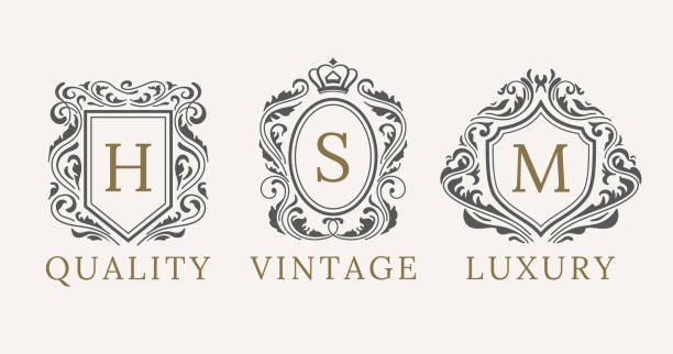 ilustrações de stock, clip art, desenhos animados e ícones de retro royal vintage shields logotype set. vector calligraphyc luxury logo design elements. business signs, logos, identity, spa, hotels, badges - escudo-armamento
