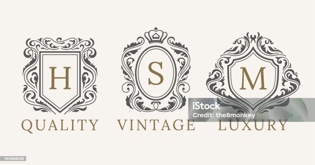 Retro Royal Vintage Shields Logotype set. Vector calligraphyc Luxury logo design elements. Business signs, logos, identity, spa, hotels, badges Retro Royal Vintage Shields Logotype set. Vector calligraphyc Luxury logo design elements. Business signs, logos, identity, spa, hotels, badges elements Coat Of Arms stock vector
