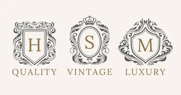 Vector illustration of Retro Royal Vintage Shields Logotype set. Vector calligraphyc Luxury logo design elements. Business signs, logos, identity, spa, hotels, badges