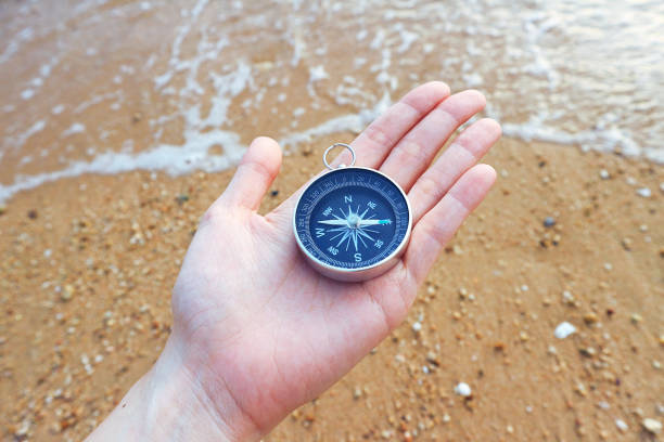 istock Compass in the hand with sea background. 969688966