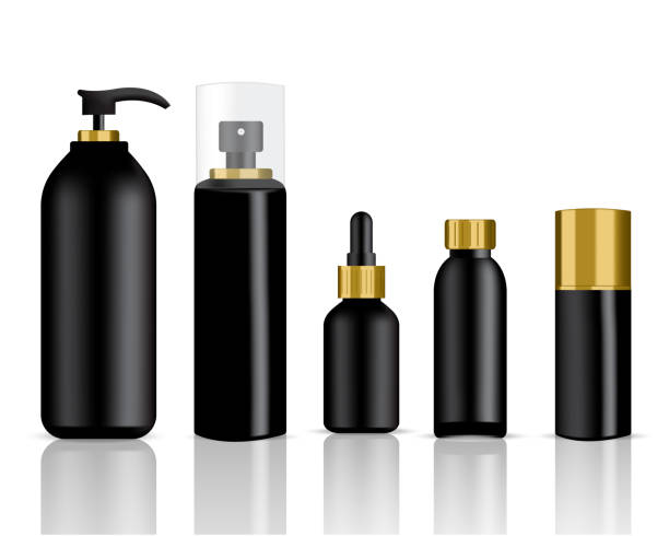 istock Mock up Realistic Black and Gold Cosmetic Bottles And Dropper Set Background Illustration 969692134
