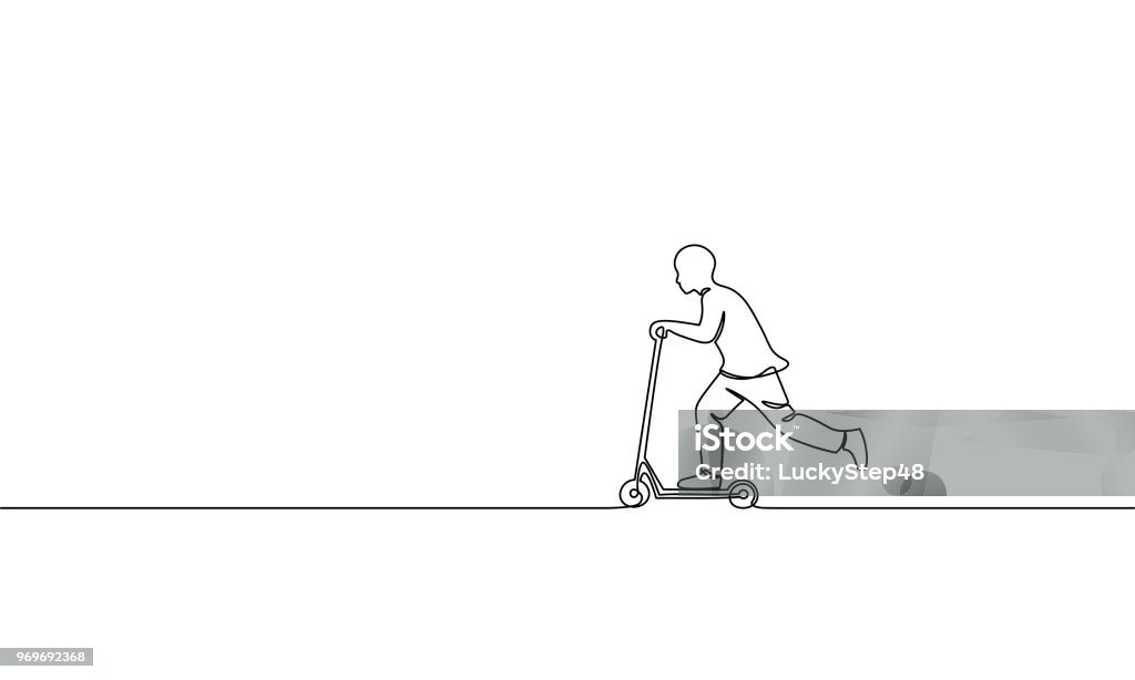 Single continuous one line art boy riding scooter. Kids sport activity hobby holiday school recreation fun concept childhood outdoor design sketch outline drawing vector illustration Single continuous one line art boy riding scooter. Kids sport activity hobby holiday school recreation fun concept childhood outdoor design sketch outline drawing vector illustration art Line Art stock vector