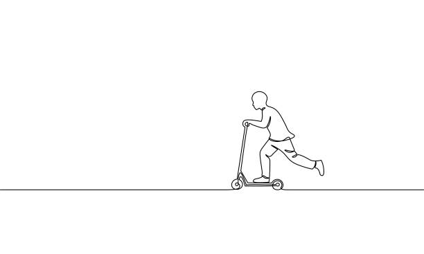 Single continuous one line art boy riding scooter. Kids sport activity hobby holiday school recreation fun concept childhood outdoor design sketch outline drawing vector illustration Single continuous one line art boy riding scooter. Kids sport activity hobby holiday school recreation fun concept childhood outdoor design sketch outline drawing vector illustration art push scooter illustrations stock illustrations