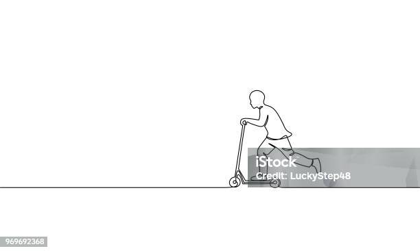 Single Continuous One Line Art Boy Riding Scooter Kids Sport Activity Hobby Holiday School Recreation Fun Concept Childhood Outdoor Design Sketch Outline Drawing Vector Illustration Stock Illustration - Download Image Now